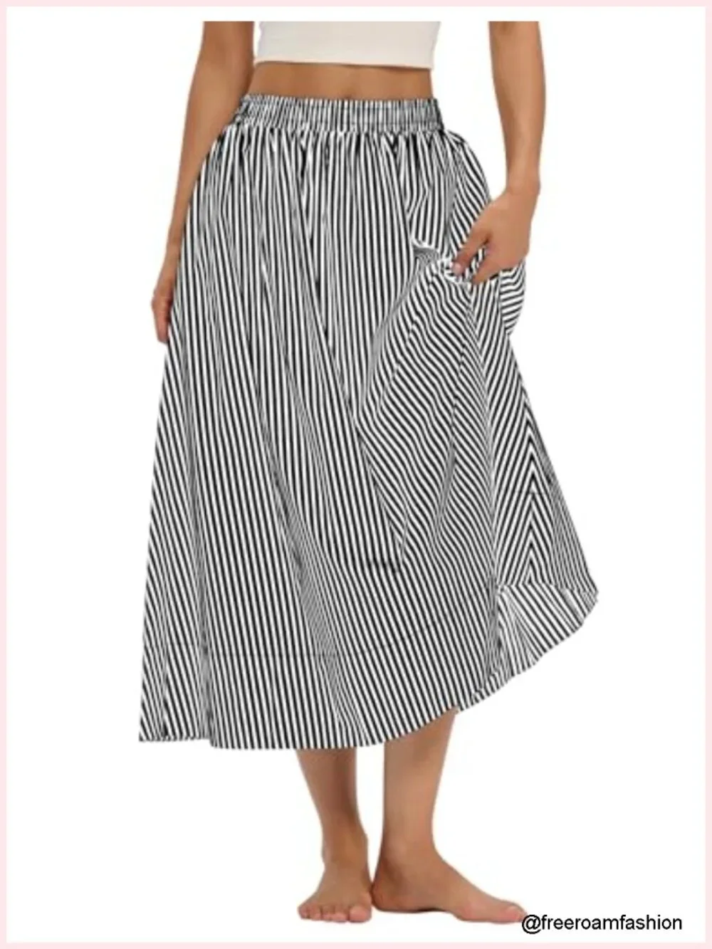 Midi Skirt A-Line Cotton Flowy Elastic Waist with Pockets Summer Casual
